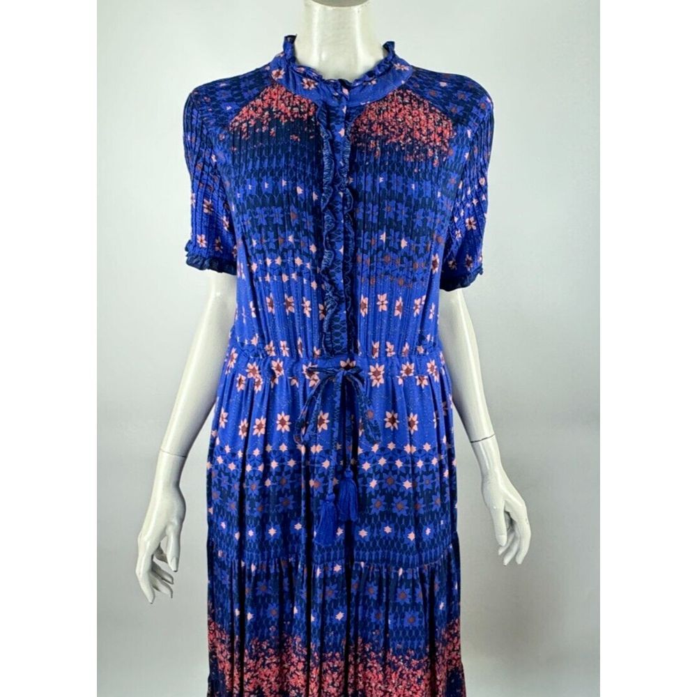 Free People Rare Feelings Maxi Dress Women L EUC Short Sleeve Floral Blue